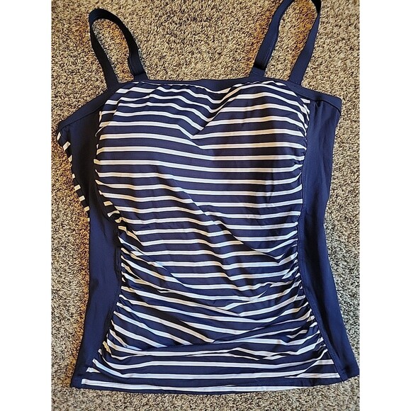 Lands End Navy Swim Top 16 D Stripes Removable Straps Bandeau Front Lined S942 - Picture 2 of 8